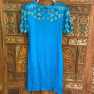 Vintage 80s Silky Nites beaded silk dress in turquoise
